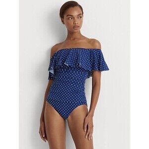 Lauren Ralph Lauren One Piece Navy And White Off Shoulder One Piece Swim Suit 12